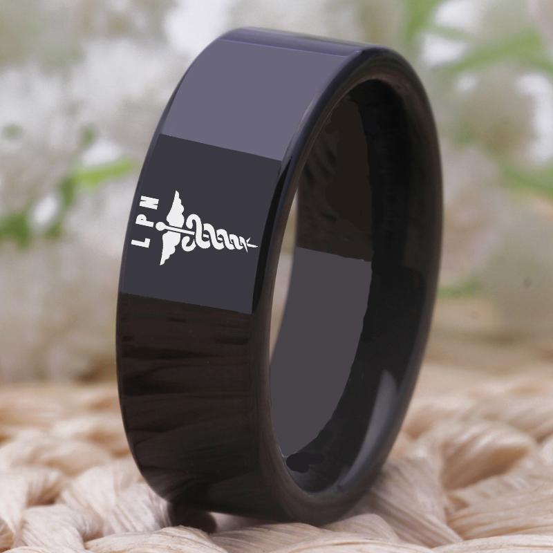 8mm Medical Snakes Symbol Black Tungsten Unisex Ring - Promise Rings