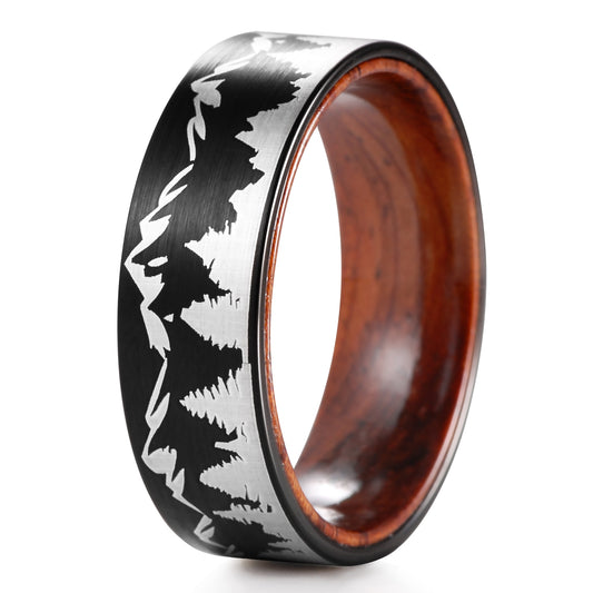 8mm Mountain Forest Scene Tungsten Wood Unisex Ring - Promise Rings