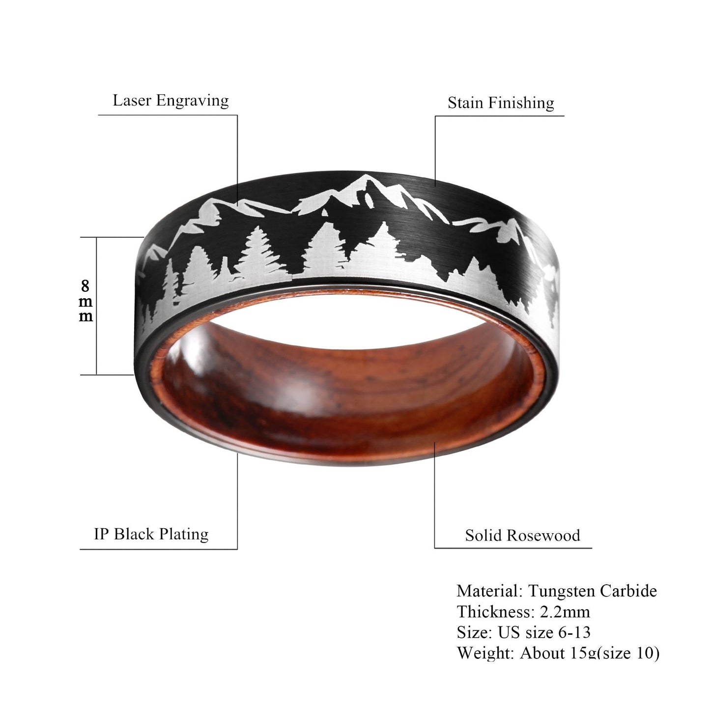 8mm Mountain Forest Scene Tungsten Wood Unisex Ring - Promise Rings