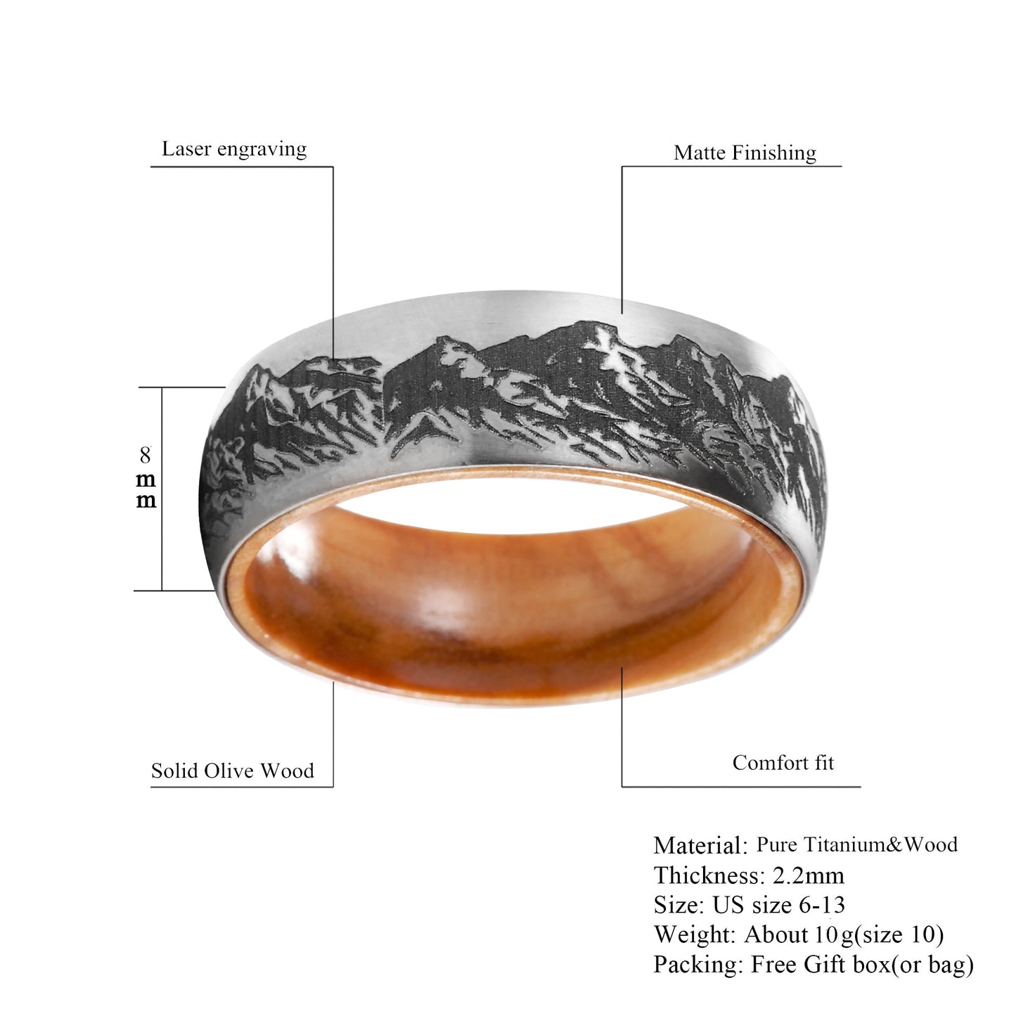 8mm Mountains Silver Titanium & Olive Wood Unisex Ring - Promise Rings