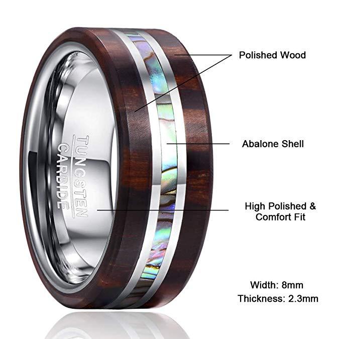 8mm Natural Abalone Shell & Wood Grain Silver Tungsten Mens Ring - Promise Rings