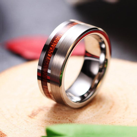 8mm Natural Wood Silver Tungsten Mens Ring - Promise Rings