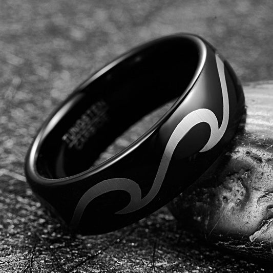 8mm Ocean Wave Black Tungsten Unisex Ring - Promise Rings