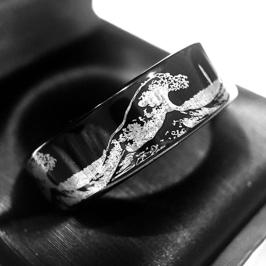 8mm Ocean Waves Surfer Black Tungsten Men's Ring - Promise Rings