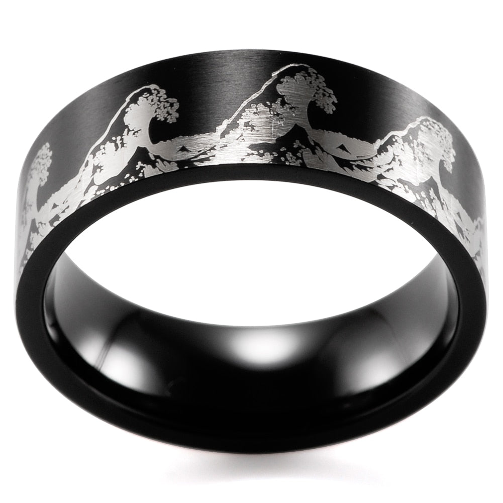 8mm Ocean Waves Surfer Black Tungsten Men's Ring - Promise Rings