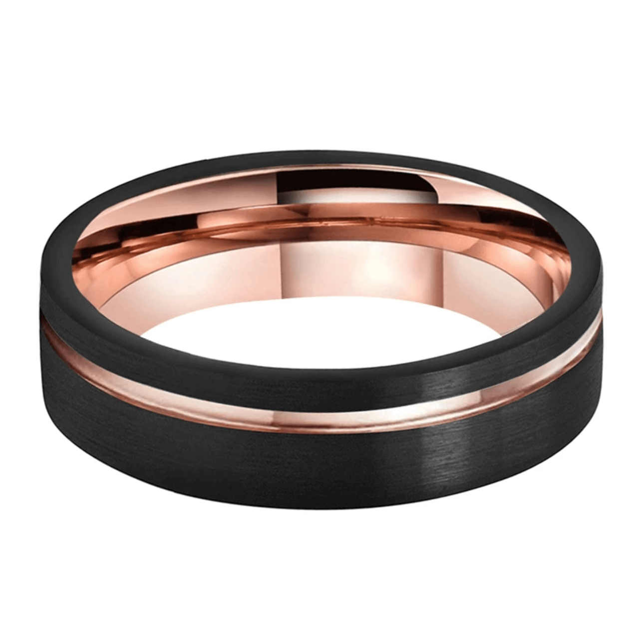 8mm Off-Centre Rose Gold Inlay Black Tungsten Mens Ring - Promise Rings