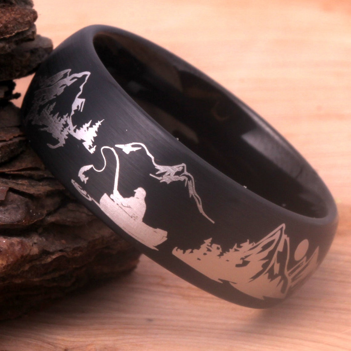 8mm Outdoors Fisherman Black Tungsten Men's Ring - Promise Rings