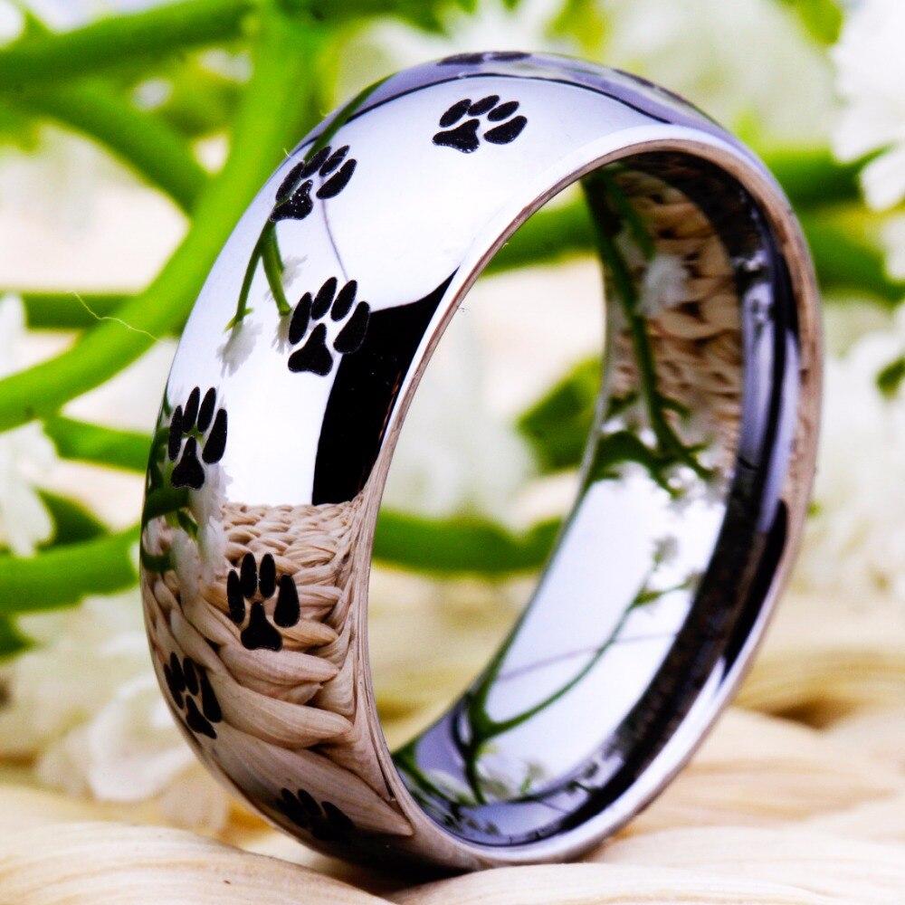8mm Paw Prints Silver Tungsten Unisex Rings - Promise Rings