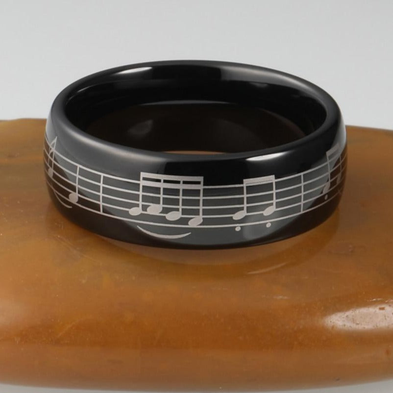 8mm Piano Five-Line Note Music Black Tungsten Unisex Ring - Promise Rings
