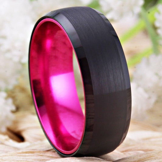 8mm Pink & Black Brushed Tungsten Unisex Ring - Promise Rings