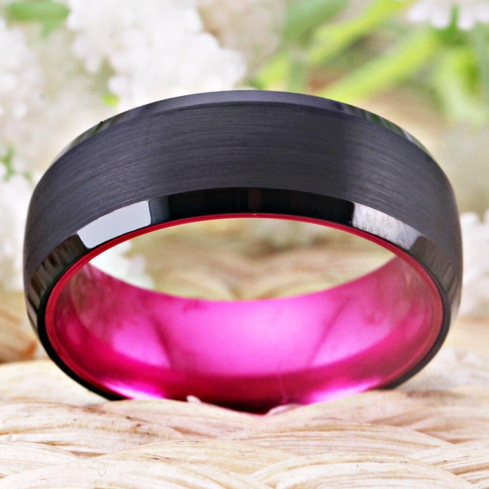 8mm Pink & Black Brushed Tungsten Unisex Ring - Promise Rings