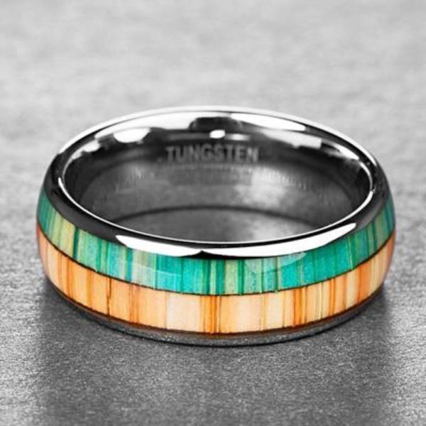 8mm Polished Greenish Wood Grain Dome Tungsten Men's Ring - Promise Rings