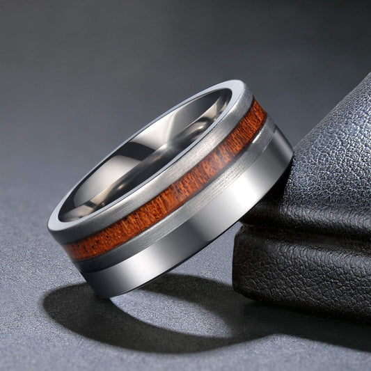 8mm Polished & Matte Nature Wood Inlay Silver Mens Ring - Promise Rings