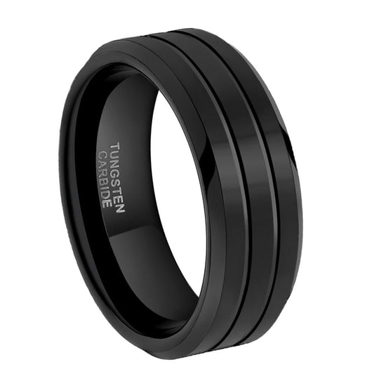 8mm Pure Black Two Groove Tungsten Mens Ring - Promise Rings