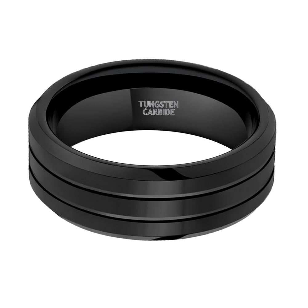 8mm Pure Black Two Groove Tungsten Mens Ring - Promise Rings