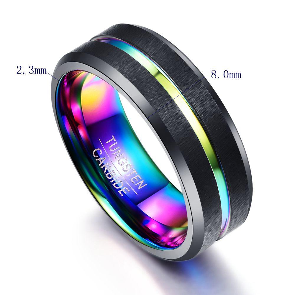 8mm Rainbow Black Matte Tungsten Mens Ring - Promise Rings