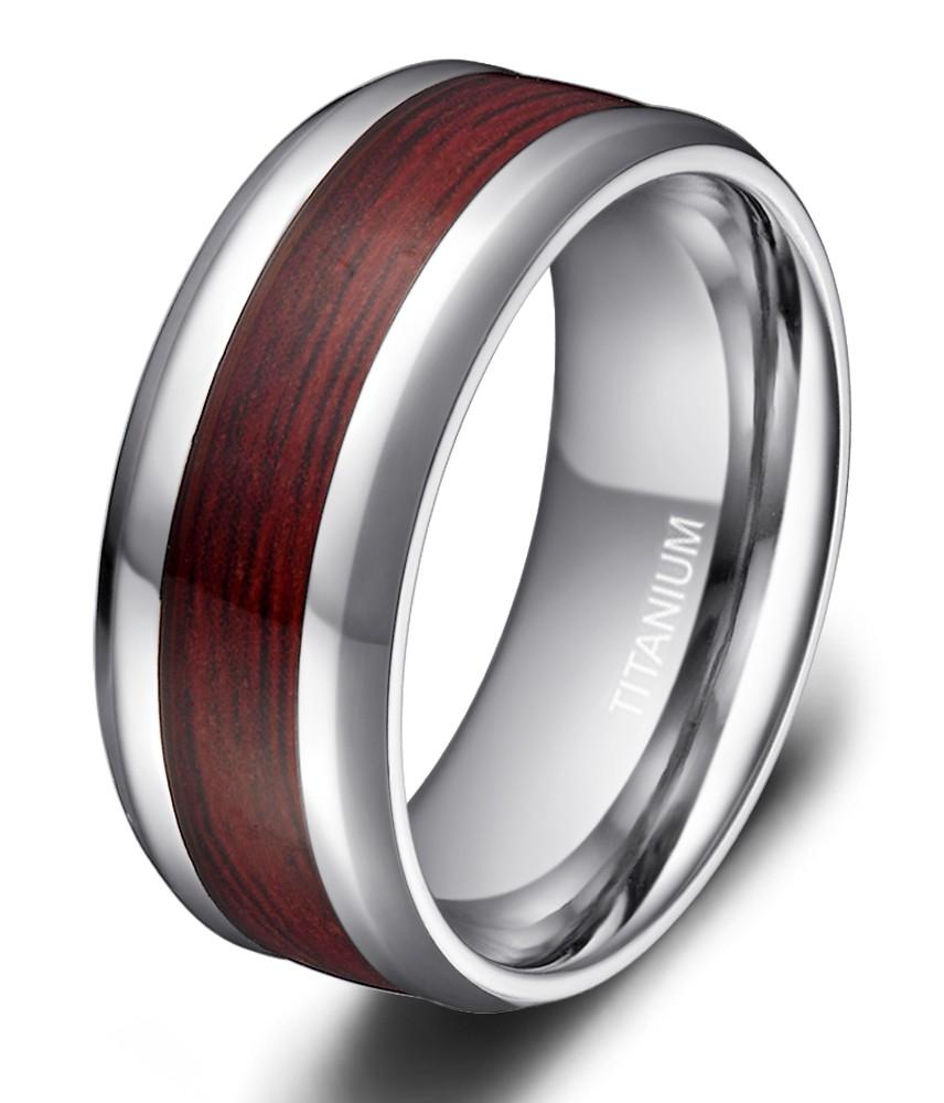 8mm Real Wood Inlay Silver Titanium Mens Ring - Promise Rings