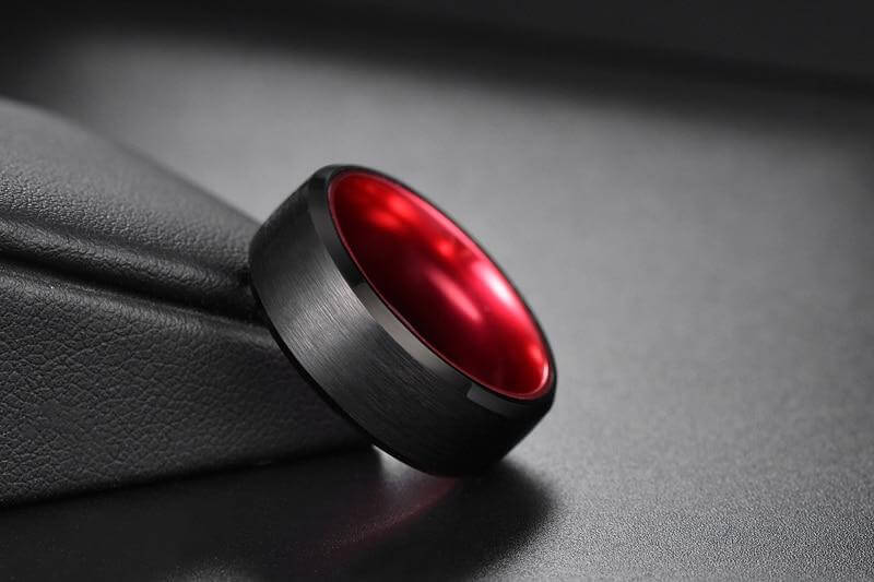 8mm Red & Black Brushed Tungsten Mens Ring - Promise Rings