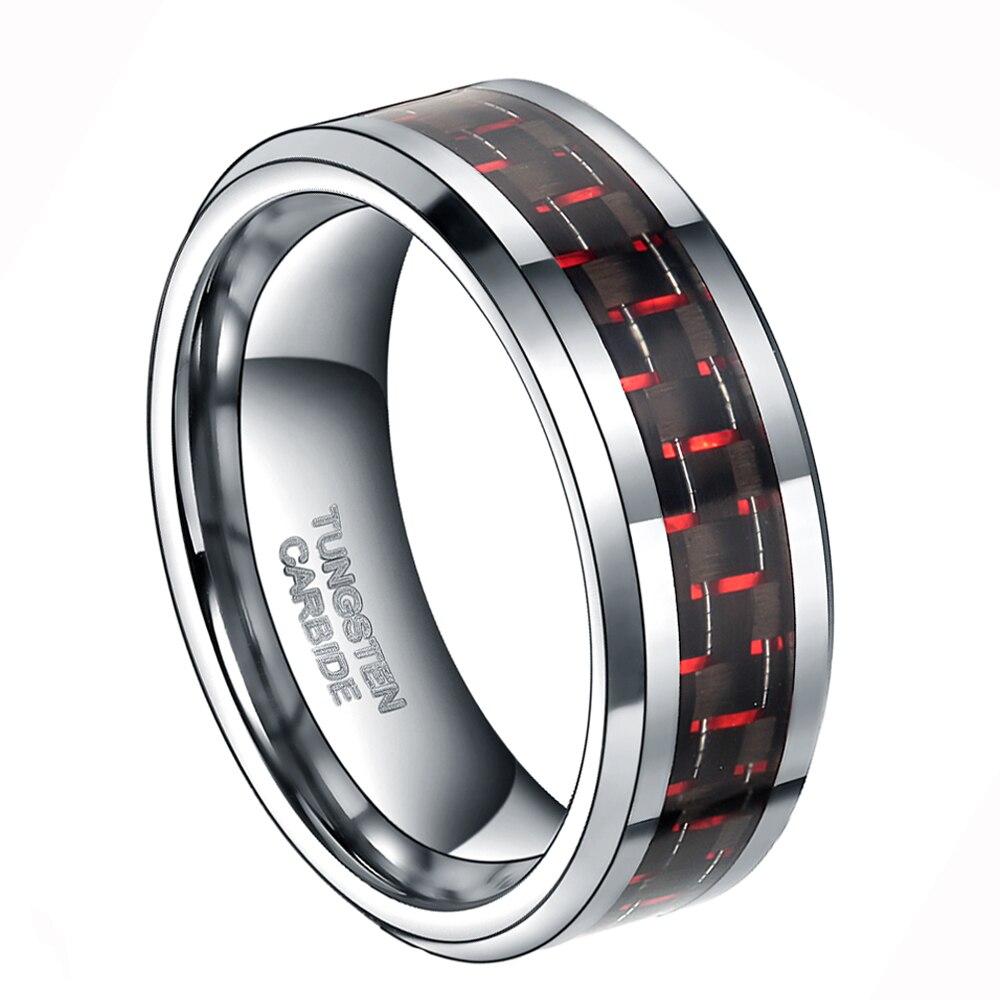 8mm Red & Black Carbon Fiber Inlay Silver Tungsten Mens Ring - Promise Rings