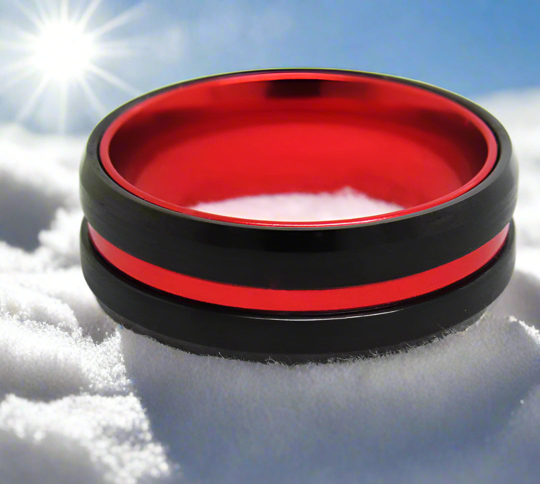 6mm & 8mm Black Tungsten Ring – Red Groove Interior Design (Unisex) - Promise Rings