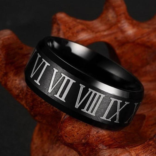 8mm Roman Numerals Stainless Steel Black Mens Ring - Promise Rings