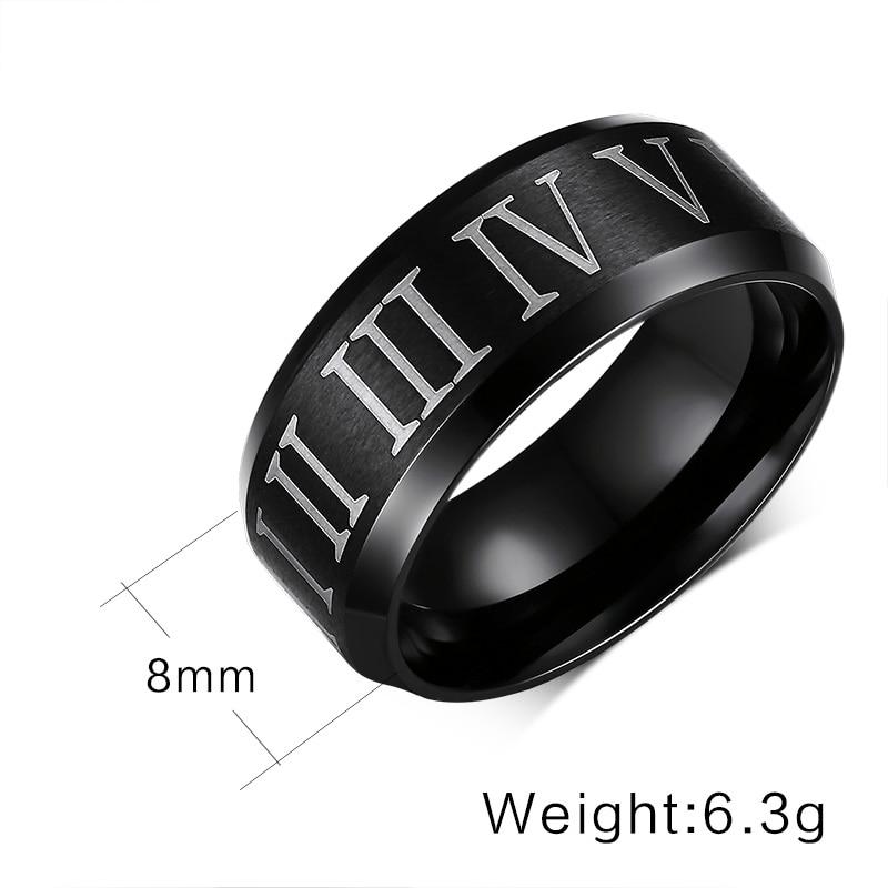 8mm Roman Numerals Stainless Steel Black Mens Ring - Promise Rings