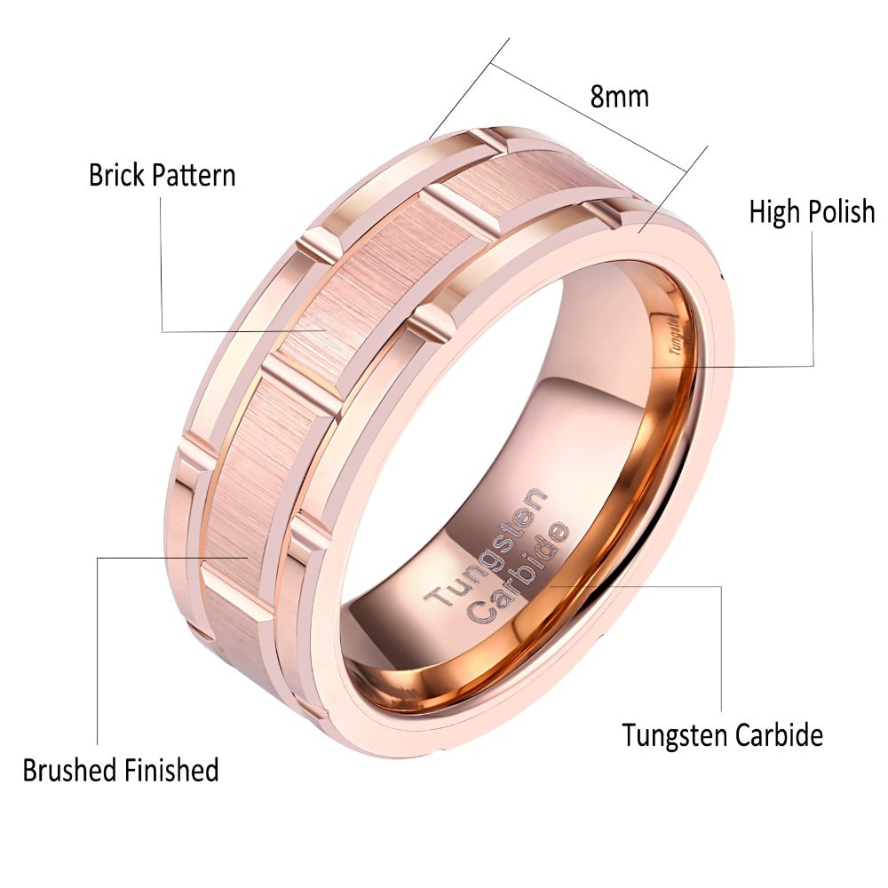8mm Rose Gold Brick Pattern Tungsten Mens Ring - Promise Rings