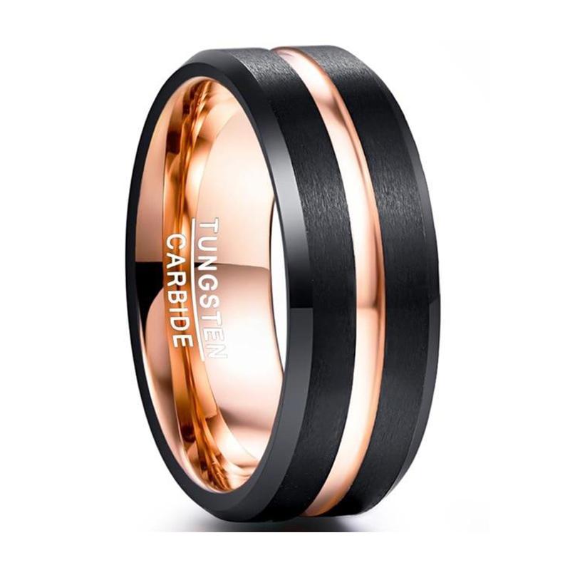 8mm Rose Gold Groove & Black Tungsten Men's Ring - Promise Rings