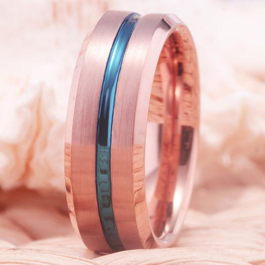 8mm Rose Golden & Blue Inlay Tungsten Men's Ring - Promise Rings