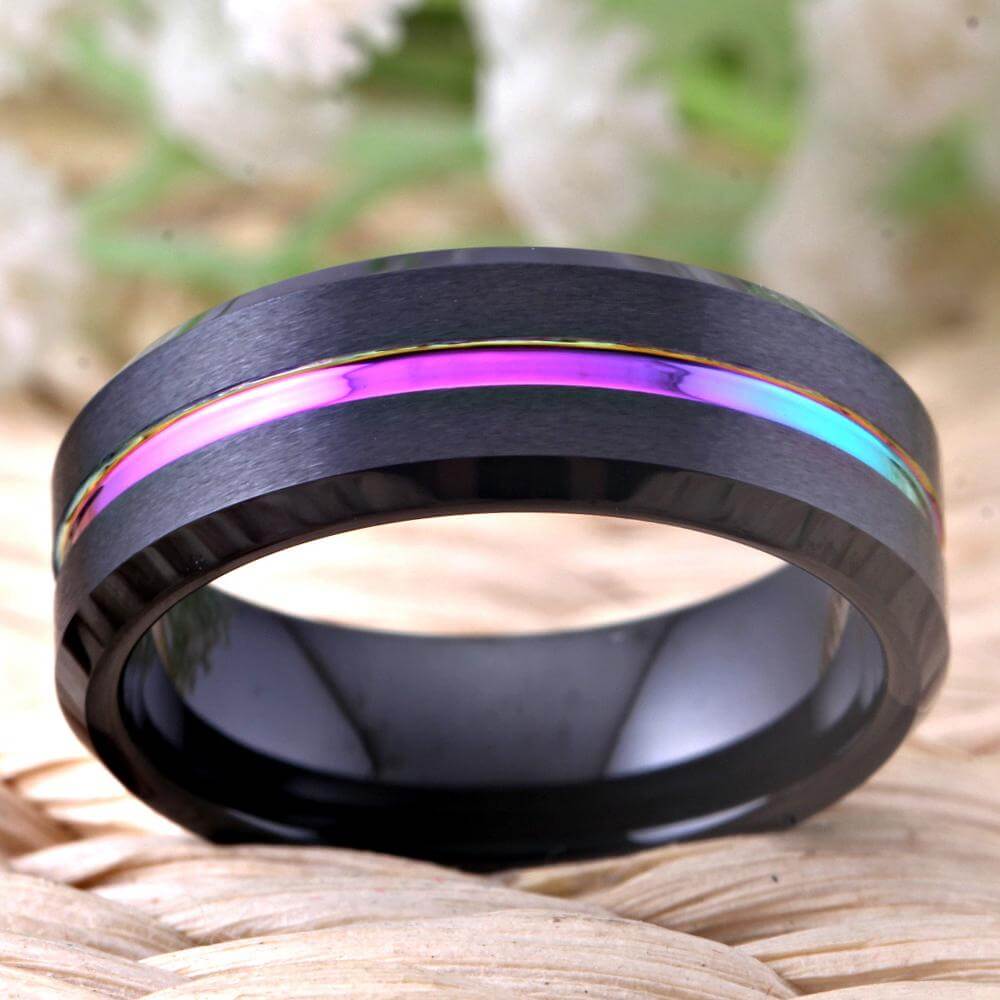 8mm Shimmer Rainbow Groove Black Tungsten Mens Ring - Promise Rings