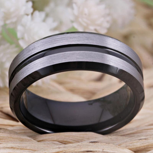 8mm Silver & Black Tungsten Mens Rings - Promise Rings