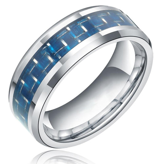 8mm Silver Blue Carbon Fiber Inlay Mens Ring - Promise Rings