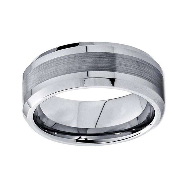 8mm Silver Brushed Center Polished Edges Tungsten Mens Ring - Promise Rings
