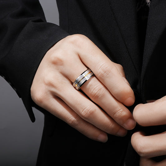 8mm Silver & Gold Color Groove Tungsten Mens Ring - Promise Rings