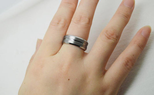 8mm Silver Matte Polished Grooved Tungsten Mens Ring - Promise Rings