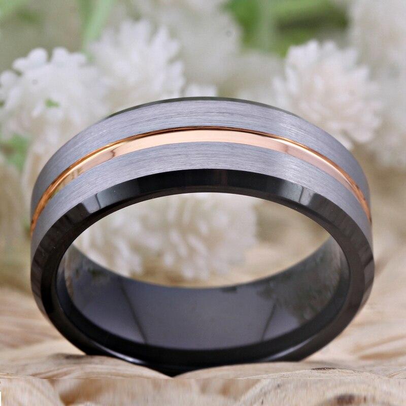 8mm Silver, Rose Gold & Black Tungsten Mens Rings - Promise Rings