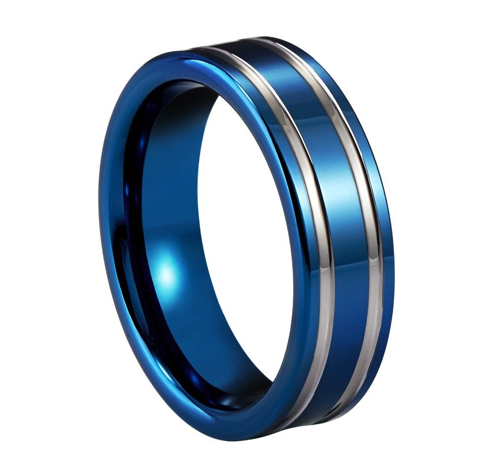 8mm Silver Stripes Blue Tungsten Mens Ring - Promise Rings