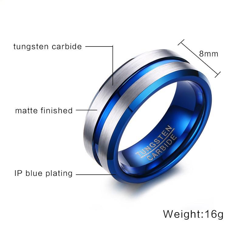 8mm Silver and Blue Groove Tungsten Mens Ring - Promise Rings