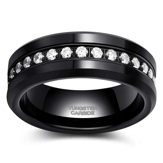 8mm Simulated Diamond Inlay Black Tungsten Men's Ring - Promise Rings