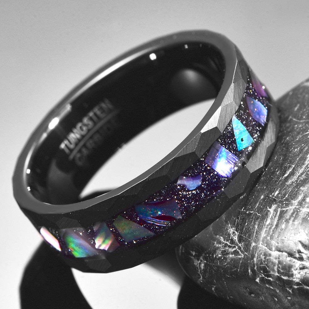 8mm Starry Sky & Abalone Shell Edge Hammered Black Tungsten Men's Ring - Promise Rings