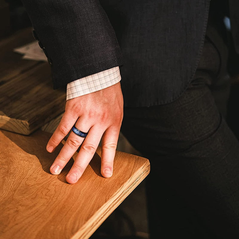 8mm Steampunk Gear Inlay Blue Carbon Fibre Unisex Ring - Promise Rings