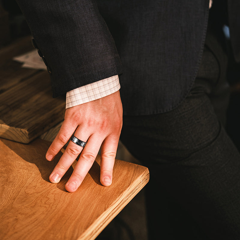 8mm Steampunk Gear Inlay Pattern Mens Ring - Promise Rings