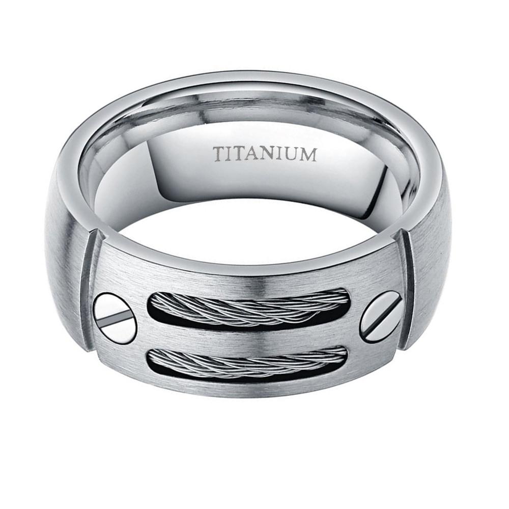 8mm Steel Cables Silver Titanium Mens Ring - Promise Rings