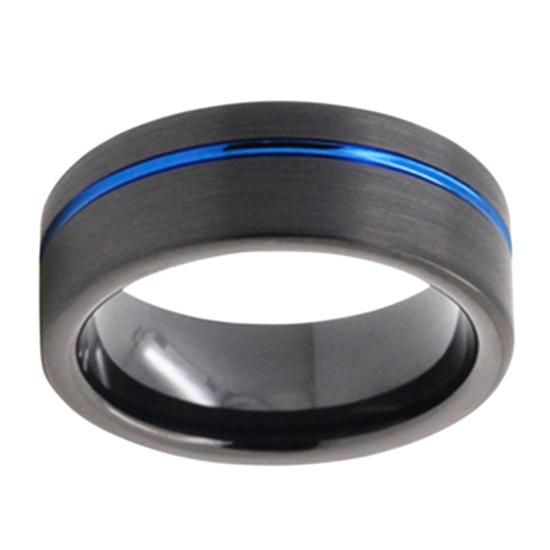 8mm Thin Blue Inlay & Full Black Tungsten Men's Ring - Promise Rings