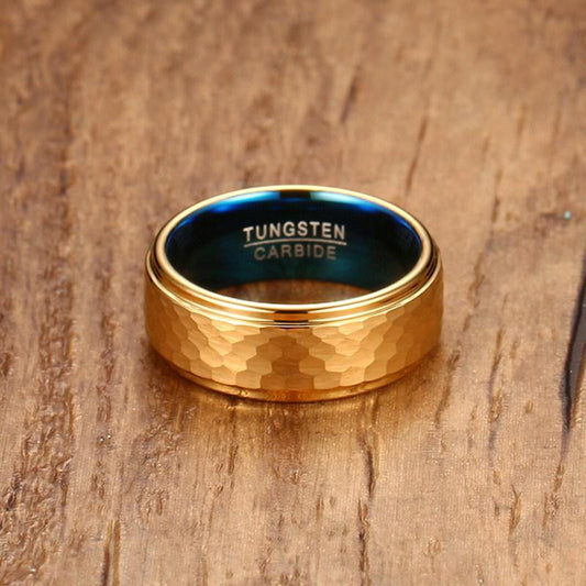 8mm Three Dimensional Carving Design Gold & Blue Tungsten Men's Ring - Promise Rings