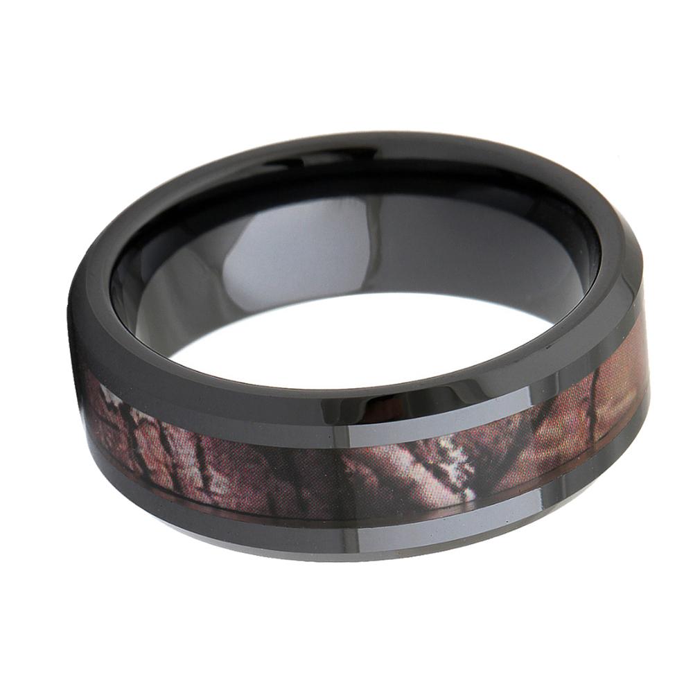 8mm Trees Camo Inlay Black Ceramic Mens Ring - Promise Rings