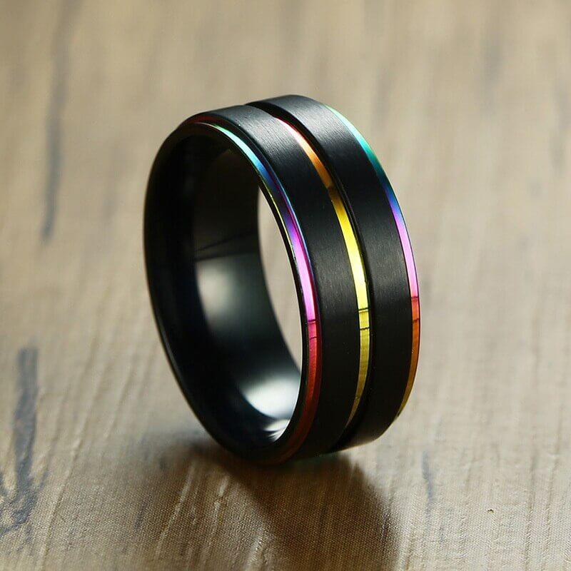 8mm Triple Rainbow Matte Stainless Steel Mens Ring - Promise Rings
