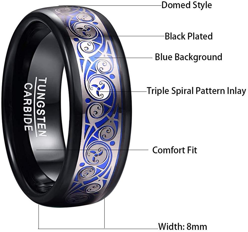 8mm Triple Spiral Pattern Blue Black Tungsten Men's Ring - Promise Rings