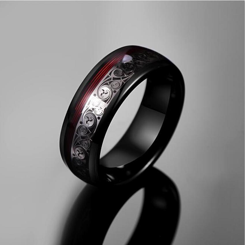 8mm Triple Spiral Pattern & Red Guitar String Tungsten Men's Ring - Promise Rings
