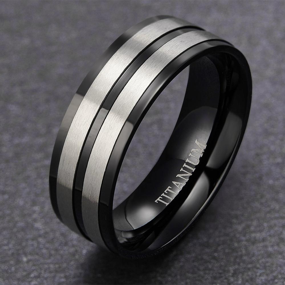 8mm Two Tone Silver & Black Titanium Mens Ring - Promise Rings